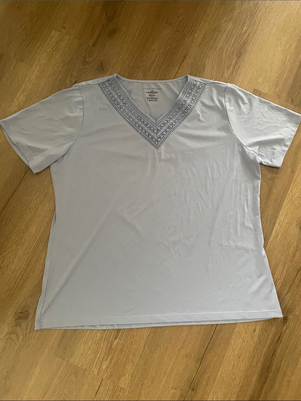 Light Blue V-Neck Short Sleeve Top with Embroidered Trim